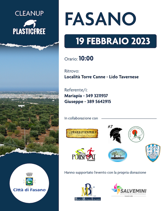 Domenica 19 febbraio ore 09.30 1°Cleanup Plastic Free 2023 a Torre Canne – Lido Tavernese Domenica 19 febbraio ore 09.30 1°Cleanup Plastic Free 2023 a Torre Canne - Lido Tavernese - Osservatorio Fasano