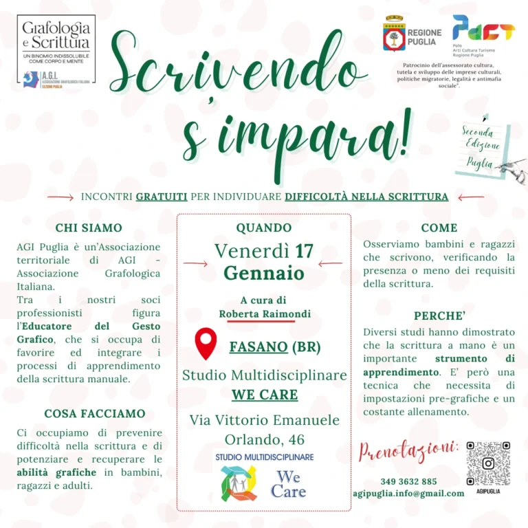 Scrivendo s’impara! – Incontri gratuiti per individuare difficoltà nella scrittura Scrivendo s'impara! - Incontri gratuiti per individuare difficoltà nella scrittura - Osservatorio Fasano
