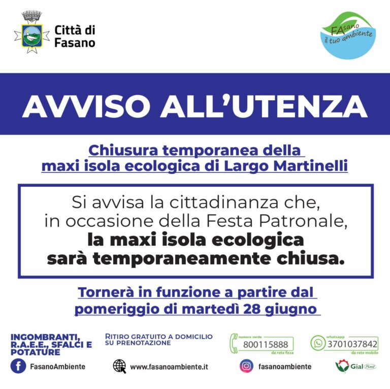 La maxi isola ecologica di Largo Martinelli resterà chiusa in occasione della Festa patronale - Osservatorio Fasano