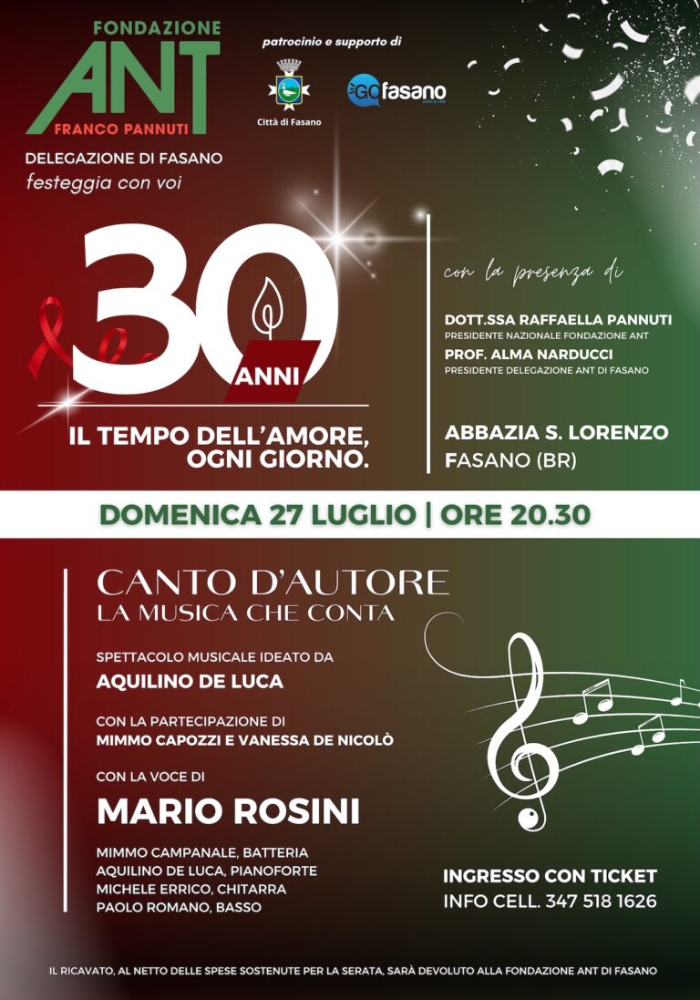 “Il tempo dell’amore, ogni giorno”. L’ANT Fasano celebra 30 anni di impegno solidale - Osservatorio Fasano
