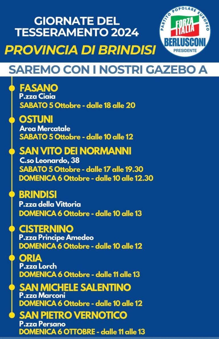 Campagna tesseramenti Forza Italia, gli attivisti in piazza in tutta la provincia Campagna tesseramenti Forza Italia, gli attivisti in piazza in tutta la provincia - Osservatorio Fasano