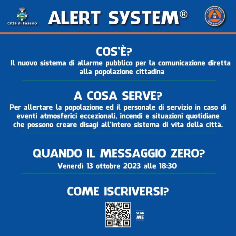 Oggi dalle 18:30 primo messaggio del sistema di allarme pubblico Alert System - Osservatorio Fasano