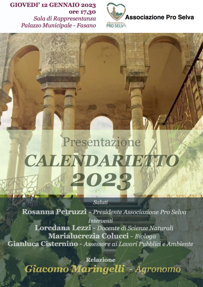 Sarà presentato giovedì 12 gennaio il 26ª Calendarietto della Pro Selva 2023 Sarà presentato giovedì 12 gennaio il 26ª Calendarietto della Pro Selva 2023 - Osservatorio Fasano