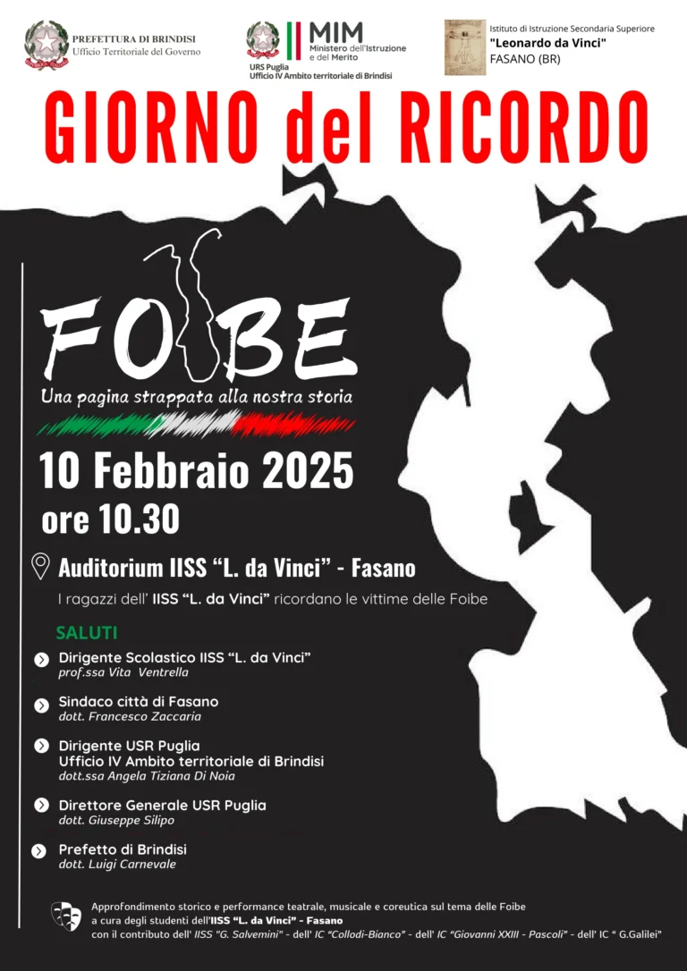 Il “Da Vinci” di Fasano ospiterà l’evento “Foibe, una pagina strappata alla nostra storia” Il “Da Vinci” di Fasano ospiterà l’evento “Foibe, una pagina strappata alla nostra storia” - Osservatorio Fasano
