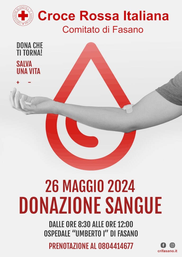 Domenica 26 maggio torna la giornata di donazione sangue della Croce Rossa Italiana - Osservatorio Fasano