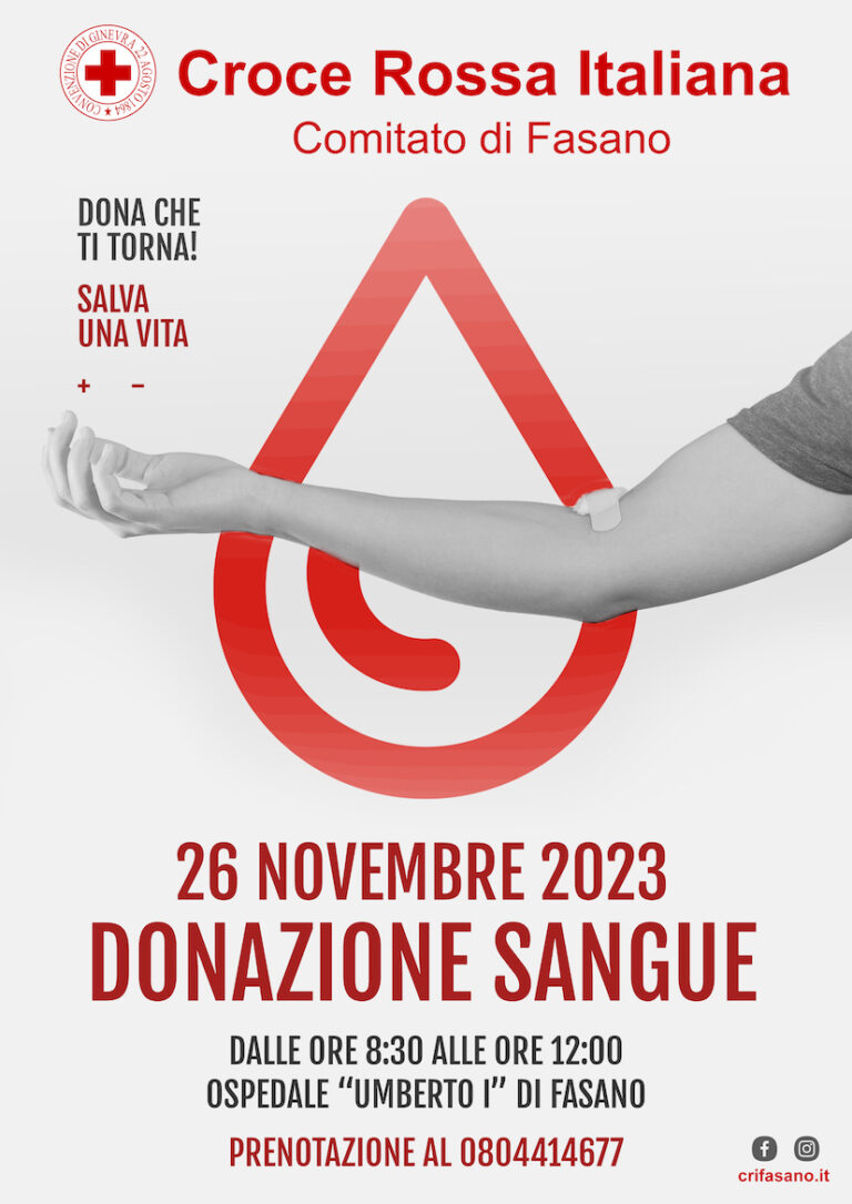 Domenica 26 novembre torna la giornata di donazione sangue della Croce Rossa Italiana - Osservatorio Fasano