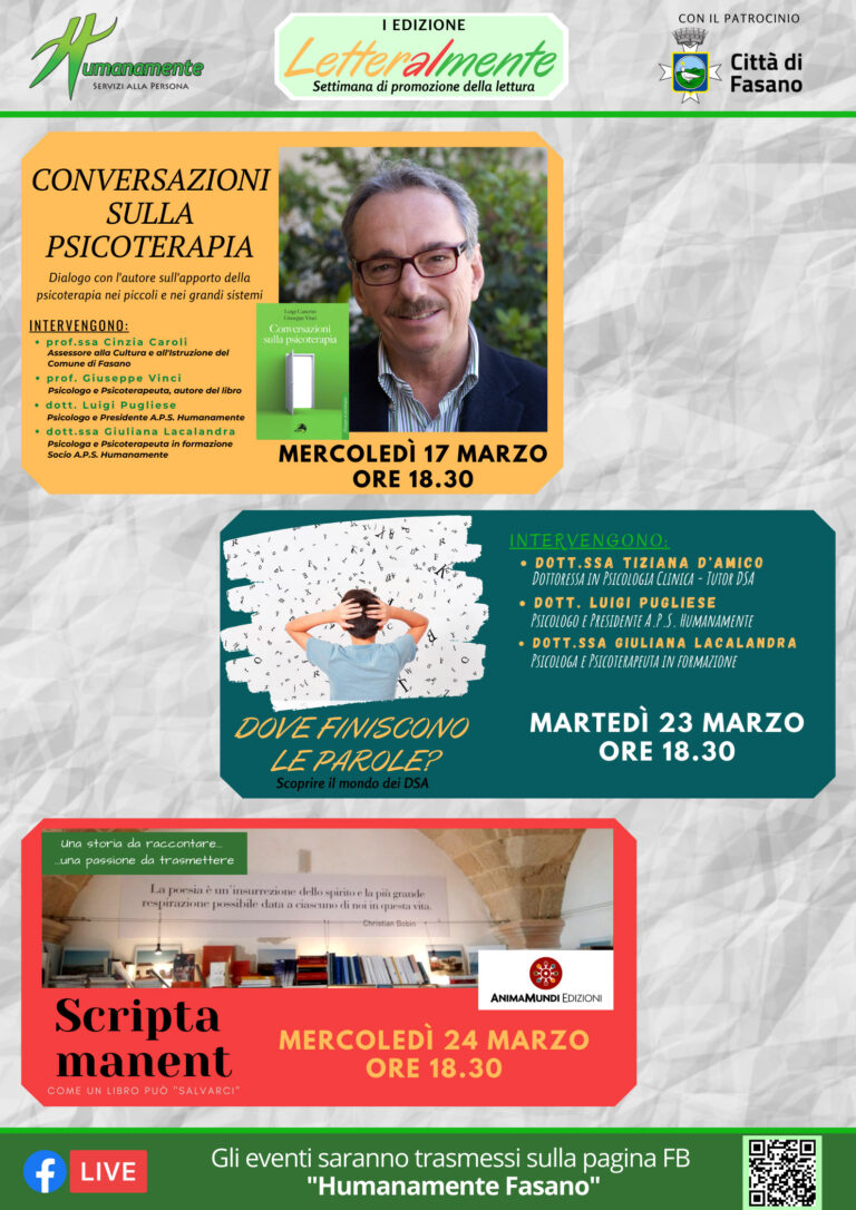 Humanamente: ‘Letteralmente – Settimana di promozione della lettura’ Humanamente: 'Letteralmente – Settimana di promozione della lettura' - Osservatorio Fasano
