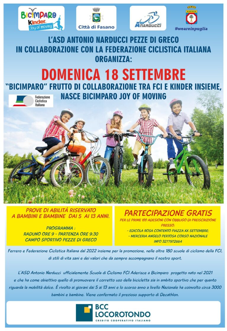 A Pezze di Greco «BICIMPARO – KINDER JOY OF MOVING» per promuovere le scuole di bici - Osservatorio Fasano