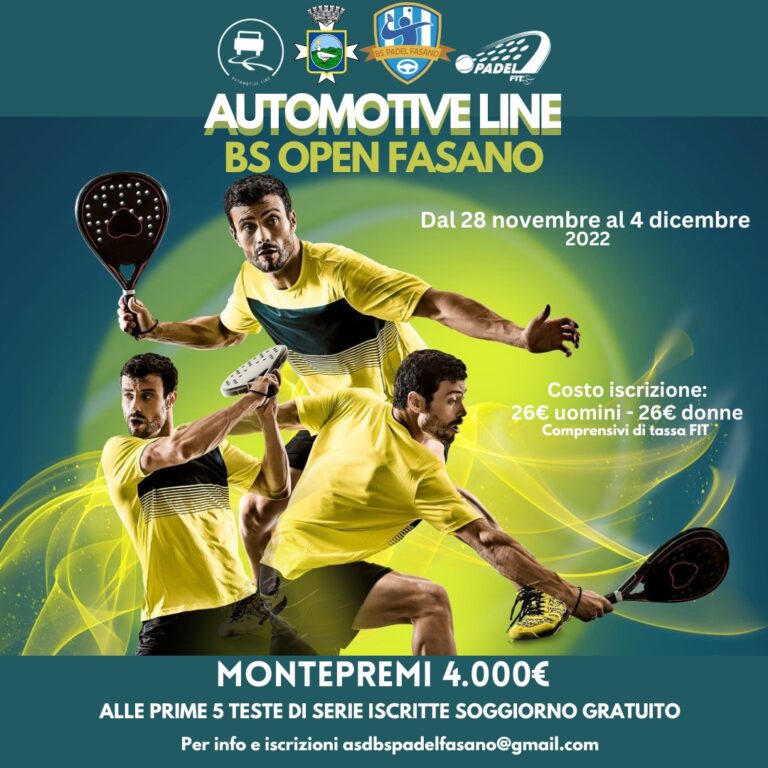 Al via l’Open internazionale “Automotive Line BS Padel Fasano” il torneo con più iscritti in Puglia del 2022 Al via l’Open internazionale “Automotive Line BS Padel Fasano” il torneo con più iscritti in Puglia del 2022 - Osservatorio Fasano