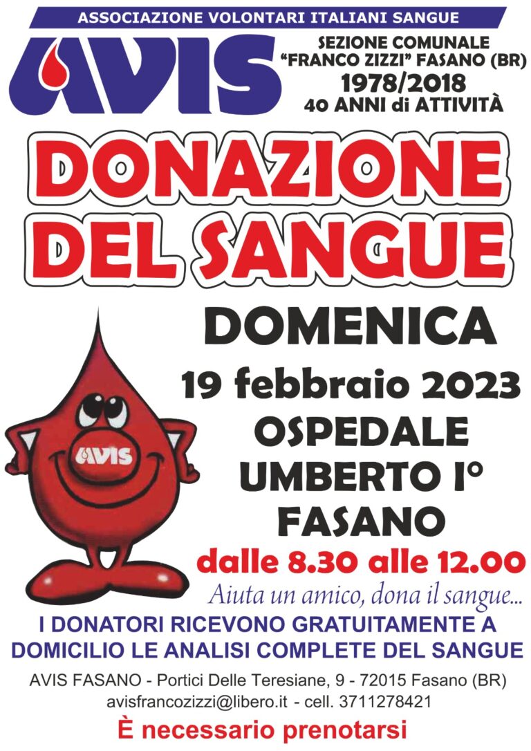Domenica 19 febbraio giornata di donazione di sangue AVIS - Osservatorio Fasano