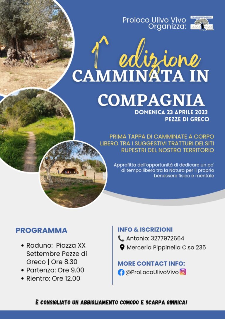 La Proloco “Ulivo Vivo” di Pezze di Greco organizza la 1ª Edizione di CAMMINATA IN COMPAGNIA - Osservatorio Fasano