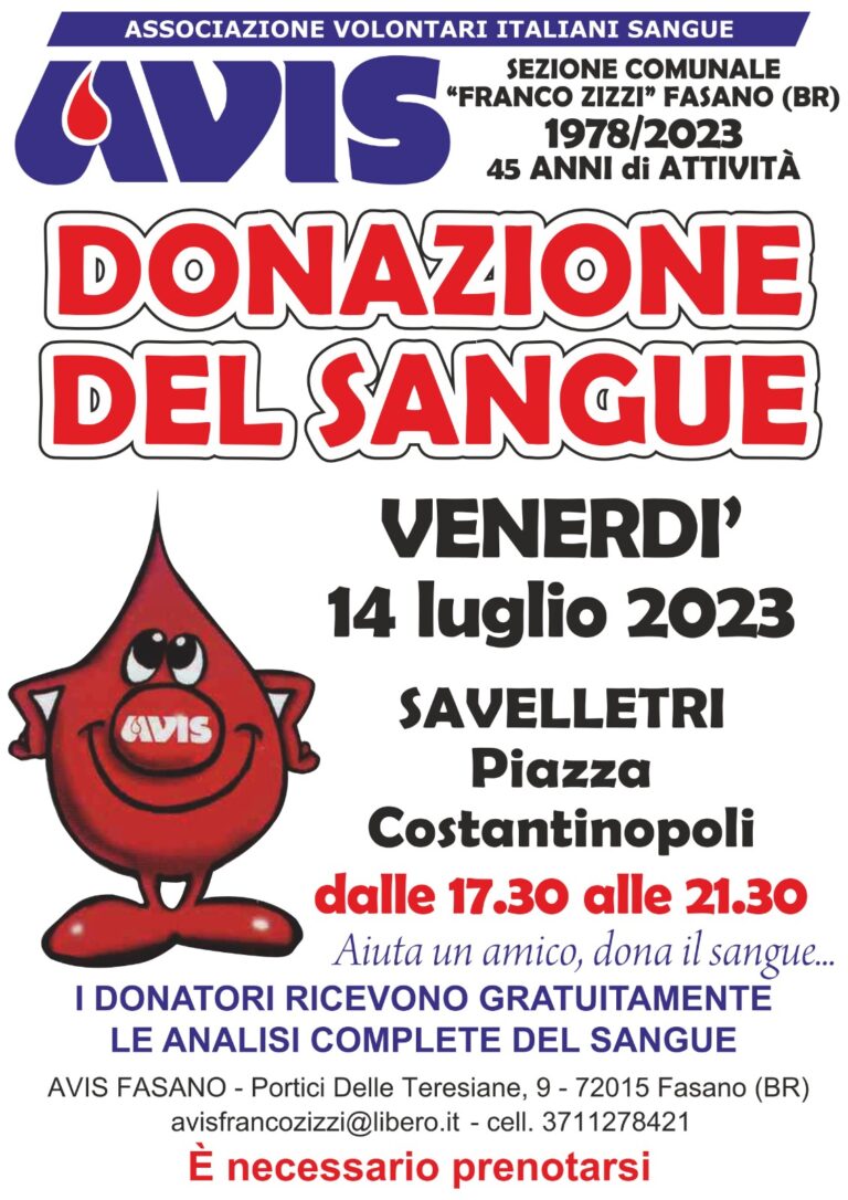 Avis: giornata di donazione venerdì 14 luglio a Savelletri Avis: giornata di donazione venerdì 14 luglio a Savelletri - Osservatorio Fasano