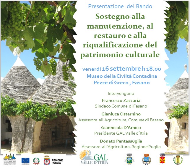 Parte il ciclo di incontri del GAL Valle d’Itria per presentare il bando dedicato alla tutela e valorizzazione del patrimonio architettonico rurale tradizionale pugliese Parte il ciclo di incontri del GAL Valle d’Itria per presentare il bando dedicato alla tutela e valorizzazione del patrimonio architettonico rurale tradizionale pugliese - Osservatorio Fasano