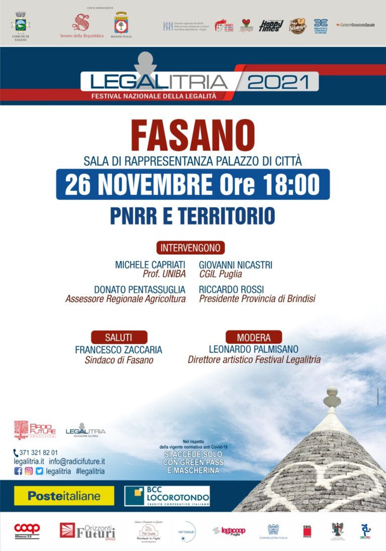 LegalItria, il Festival 2021 fa tappa a Fasano il 26 novembre LegalItria, il Festival 2021 fa tappa a Fasano il 26 novembre - Osservatorio Fasano
