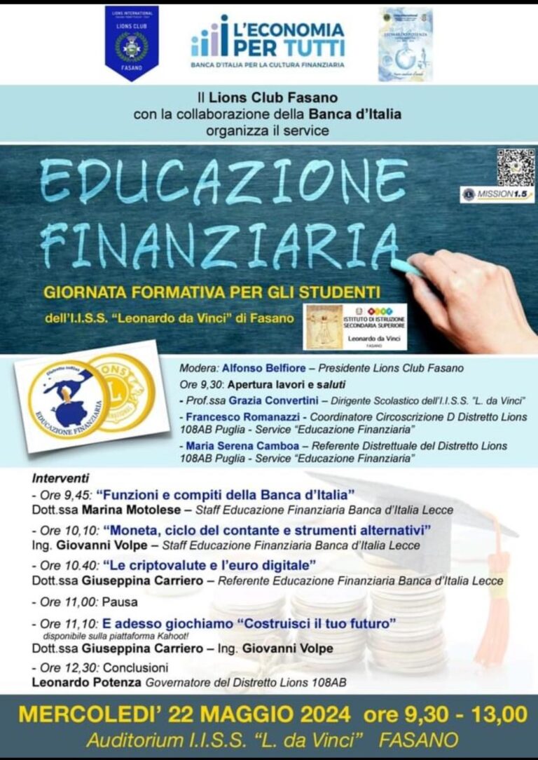 Il Lions Club Fasano e la Banca d’Italia incontrano gli studenti Il Lions Club Fasano e la Banca d’Italia incontrano gli studenti - Osservatorio Fasano