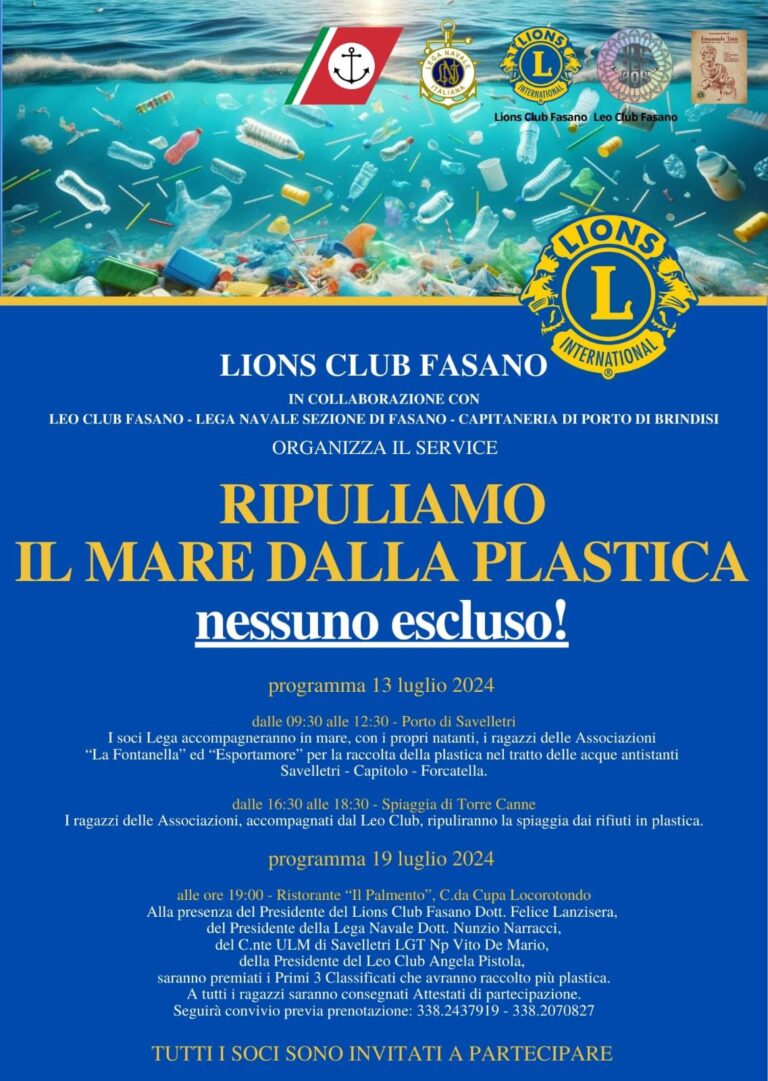 Il Lions Club Fasano promuove l’iniziativa “Ripuliamo il mare dalla plastica, nessuno escluso!” - Osservatorio Fasano