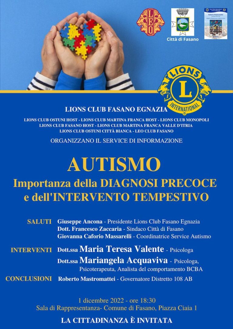 I Lions discutono dell'autismo: Importanza della diagnosi precoce e dell’intervento tempestivo - Osservatorio Fasano
