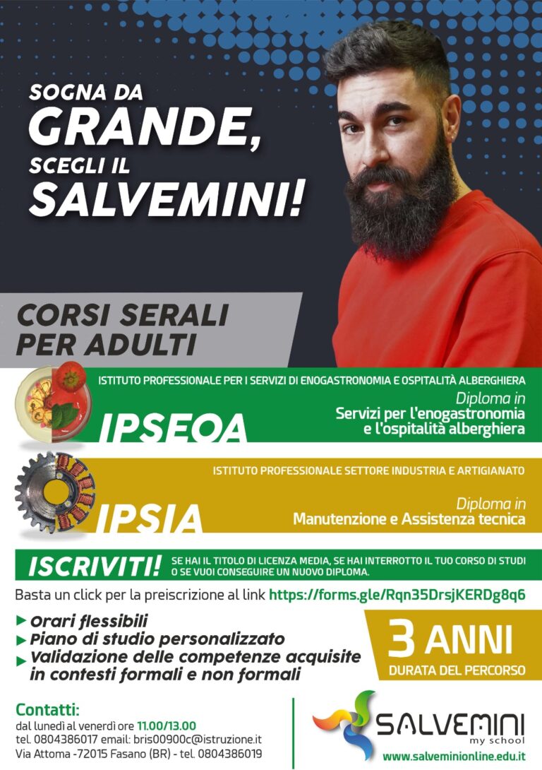 L’IISS G. Salvemini apre le iscrizioni per i corsi di istruzione per adulti (corsi serali) L'IISS G. Salvemini apre le iscrizioni per i corsi di istruzione per adulti (corsi serali) - Osservatorio Fasano