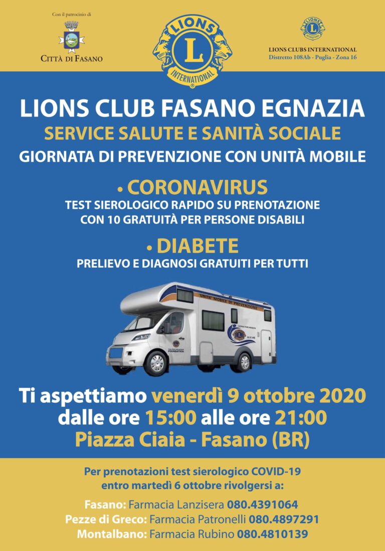 Lions: Screening sierologico per Covid 19 e per diabete in Piazza Ciaia - Osservatorio Fasano