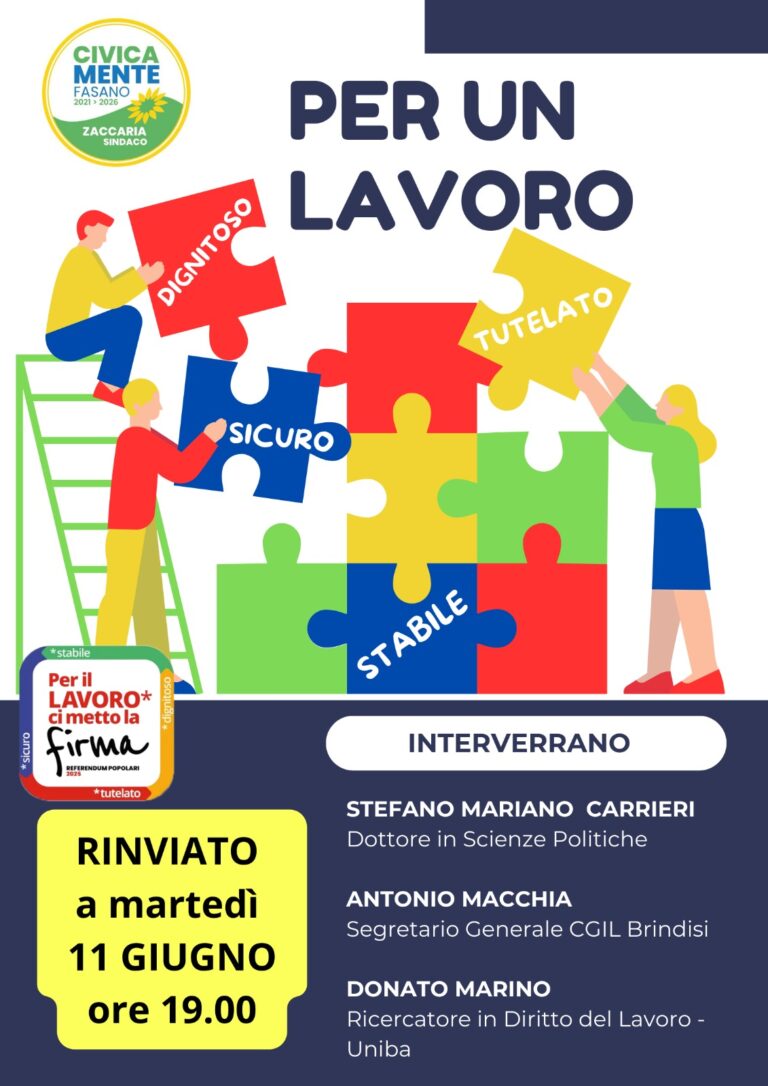Rinviato l'evento "Per un Lavoro" - Osservatorio Fasano