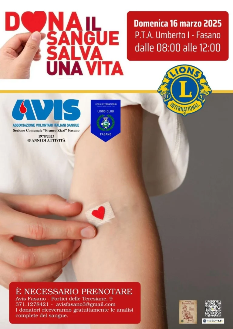 Lions Club Fasano e Avis Fasano insieme per la donazione del sangue Lions Club Fasano e Avis Fasano insieme per la donazione del sangue - Osservatorio Fasano