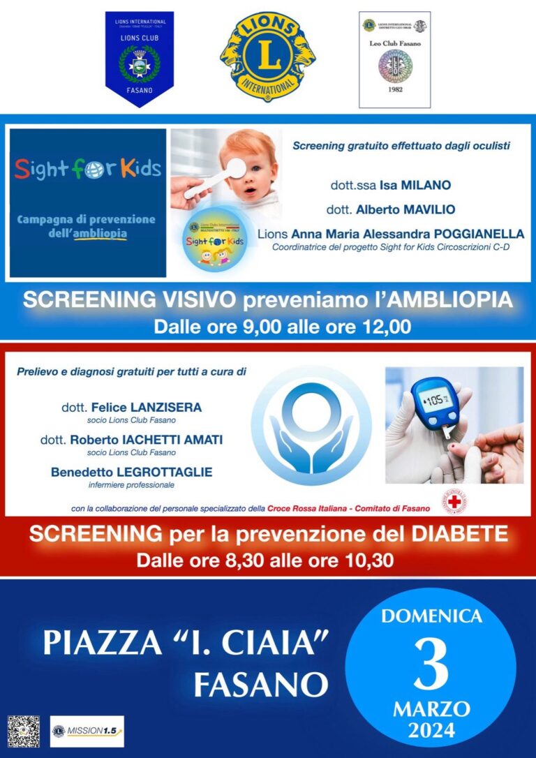 “Sight for Kids” e prevenzione diabete: Lions e Leo in Piazza Ciaia a Fasano per controlli medici gratuiti per bambini e adulti - Osservatorio Fasano