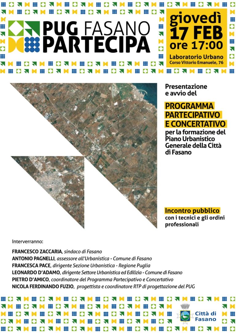 PUG – Piano urbanistico generale, giovedì 17 febbraio primo tavolo di confronto con la città PUG - Piano urbanistico generale, giovedì 17 febbraio primo tavolo di confronto con la città - Osservatorio Fasano