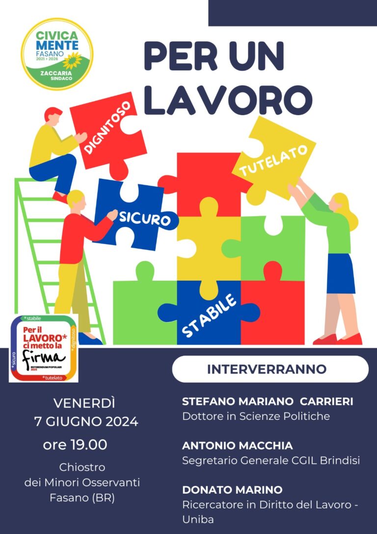 Referendum sul lavoro, “Civicamente Fasano” organizza un incontro di approfondimento Referendum sul lavoro, “Civicamente Fasano” organizza un incontro di approfondimento - Osservatorio Fasano