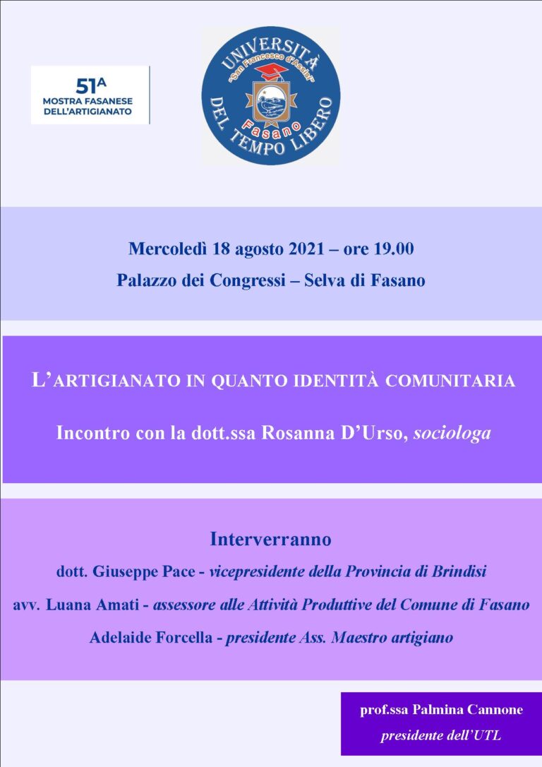 Alla 51ª Mostra Fasanese dell'Artigianato l'UTL incontra la sociologa Rosanna D'Urso - Osservatorio Fasano