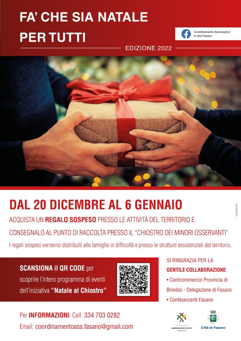 “Natale al Chiostro con le Associazioni in rete”: un ricco programma di iniziative benefiche e di intrattenimento “Natale al Chiostro con le Associazioni in rete”: un ricco programma di iniziative benefiche e di intrattenimento - Osservatorio Fasano