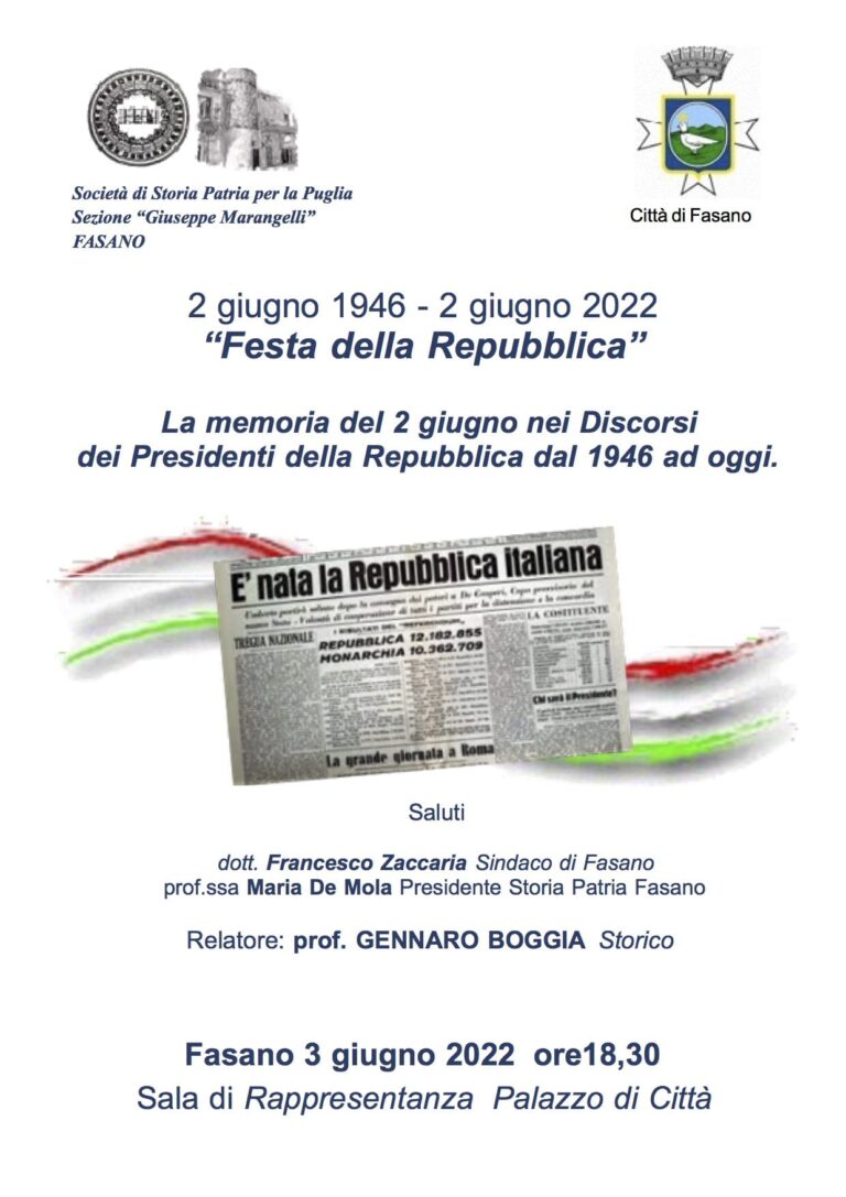 Festa della Repubblica – 2 giugno 1946-2 giugno 2022 Festa della Repubblica – 2 giugno 1946-2 giugno 2022 - Osservatorio Fasano