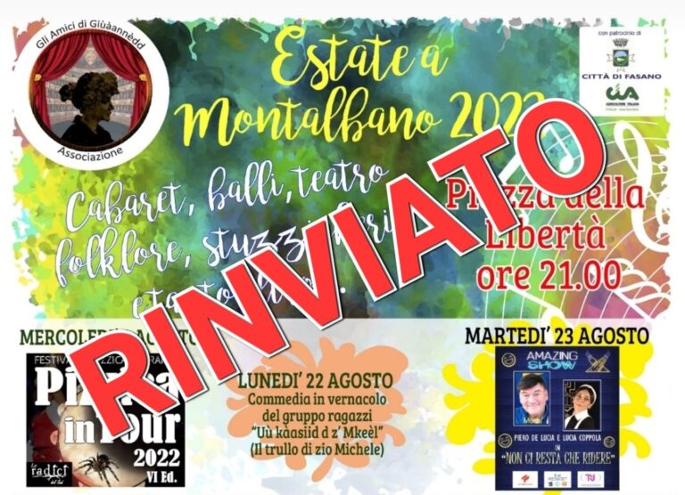 Rinviata a domenica 28 agosto la terza serata della “ESTATE A MONTALBANO 2022” - Osservatorio Fasano