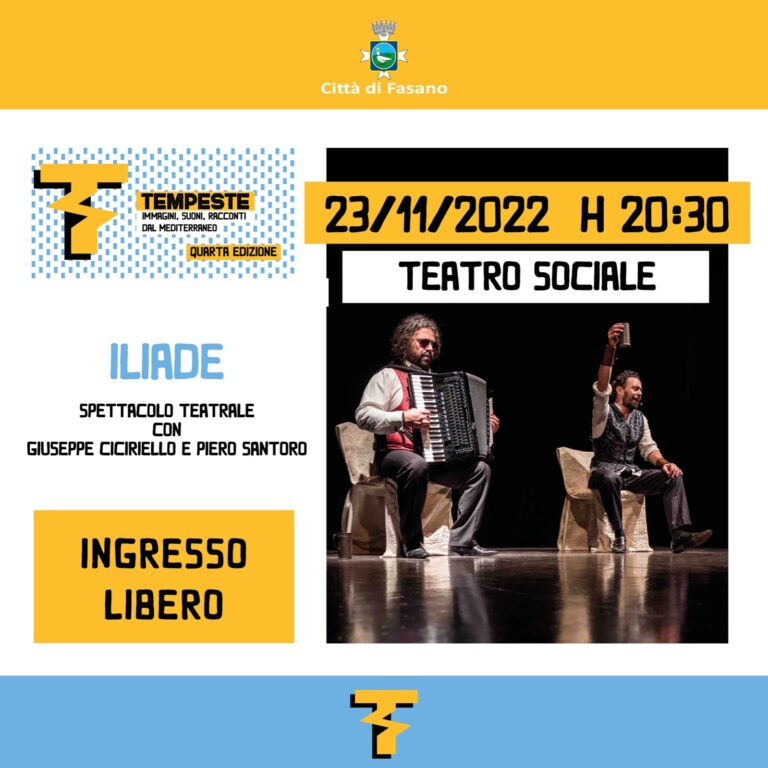 Festival Tempeste, oggi al Teatro Sociale sarà la volta dello spettacolo di narrazione musicale «Iliade» - Osservatorio Fasano
