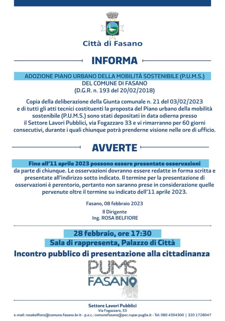 Oggi l’incontro pubblico di presentazione PUMS Oggi l'incontro pubblico di presentazione PUMS - Osservatorio Fasano
