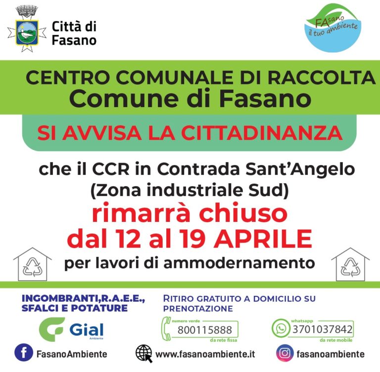 Chiusura del CCR dal 12 al 19 aprile per lavori - Osservatorio Fasano