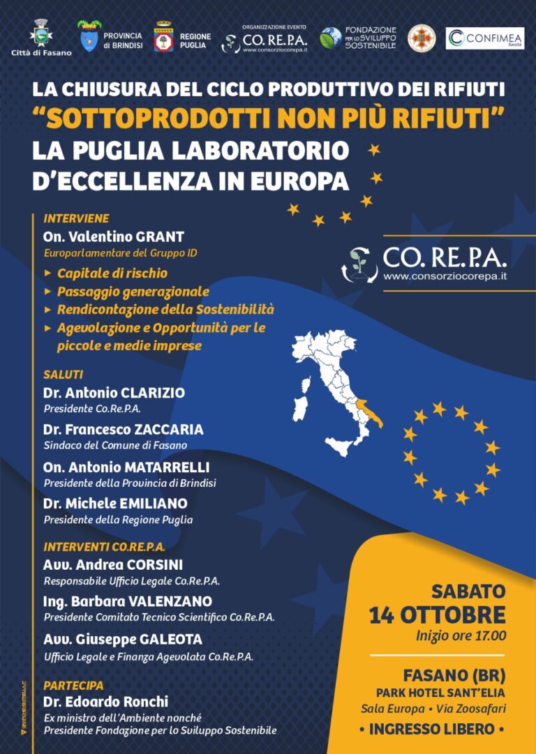 Co.Re.P.A. organizza l'incontro LA CHIUSURA DEL CICLO PRODUTTIVO DEI RIFIUTI "SOTTOPRODOTTI NON PIÙ RIFIUTI" - Osservatorio Fasano