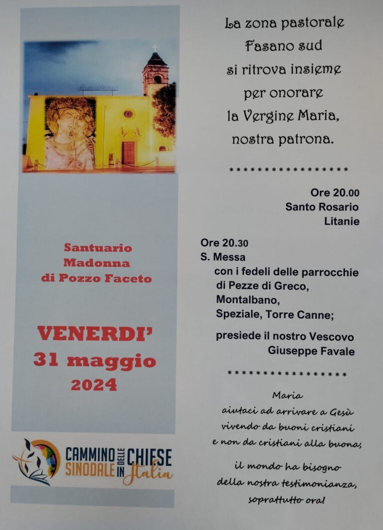 Questa sera conclusione del mese Mariano con il vescovo Favale a Pozzo Faceto - Osservatorio Fasano