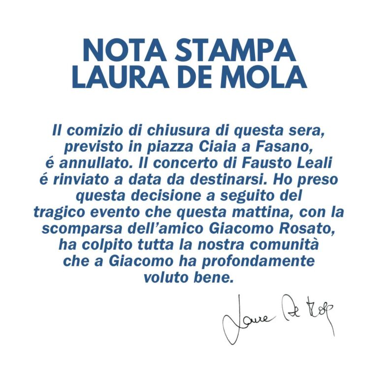 Annullato il comizio di Laura De Mola e il concerto di Fausto Leali Annullato il comizio di Laura De Mola e il concerto di Fausto Leali - Osservatorio Fasano