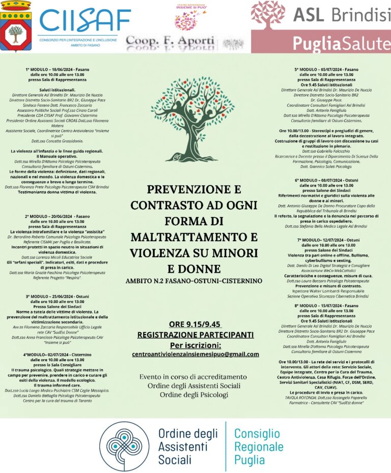 Formazione Regione Puglia: “prevenzione e contrasto ad ogni forma di maltrattamento e violenza su minori e donne” - Osservatorio Fasano
