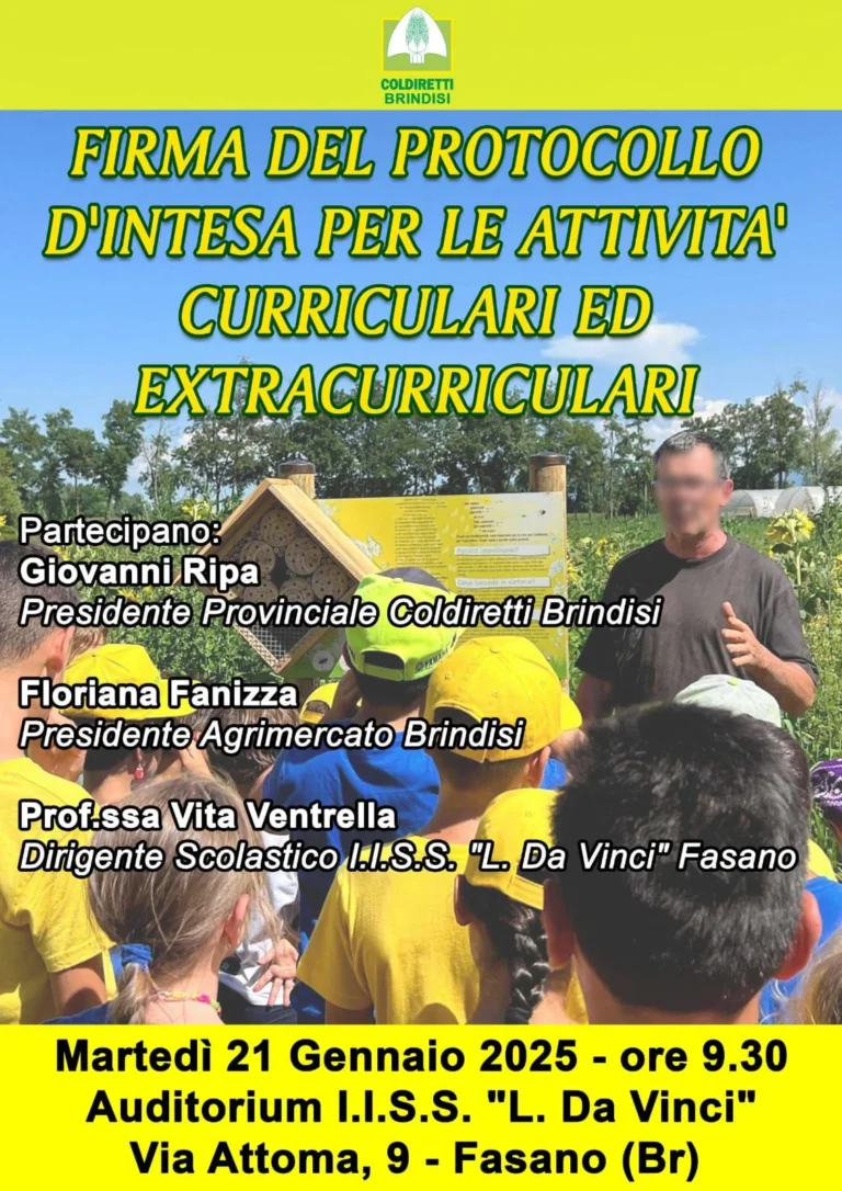 Protocollo di intesa tra la Federazione Provinciale Coldiretti Brindisi, Agrimercato Brindisi e l’I.I.S. “Leonardo Da Vinci” Protocollo di intesa tra la Federazione Provinciale Coldiretti Brindisi, Agrimercato Brindisi e l’I.I.S. “Leonardo Da Vinci” - Osservatorio Fasano