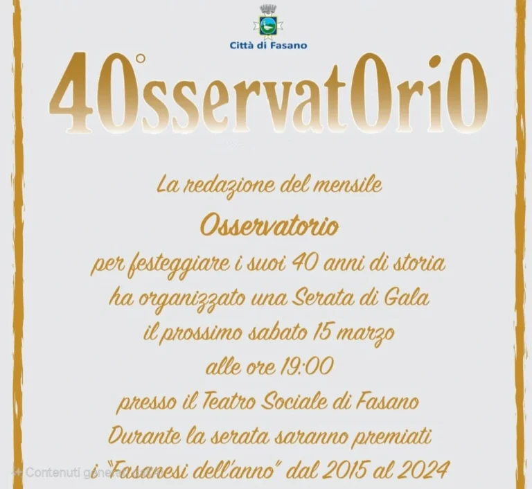 Gàla 40° Anniversario Mensile Osservatorio: una serata di celebrazione e riconoscimenti Gàla 40° Anniversario Mensile Osservatorio: una serata di celebrazione e riconoscimenti - Osservatorio Fasano