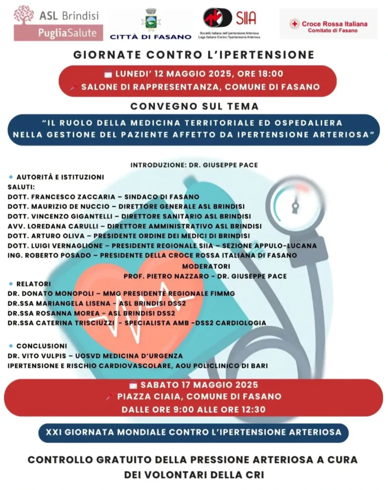 Fasano in prima linea contro l’ipertensione: convegno e screening gratuito Fasano in prima linea contro l'ipertensione: convegno e screening gratuito - Osservatorio Fasano