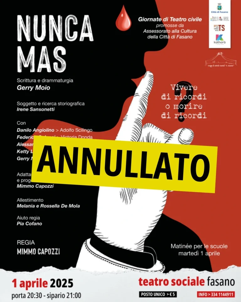 “Nunca Mas”, annullato lo spettacolo di martedì 1° aprile “Nunca Mas”, annullato lo spettacolo di martedì 1° aprile - Osservatorio Fasano