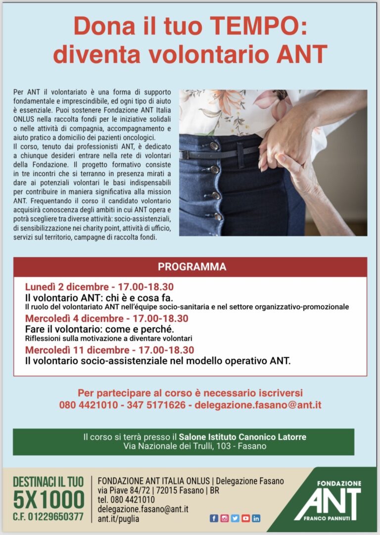 “Dona il tuo tempo”: l’ANT Fasano avvia il nuovo corso per diventare volontari “Dona il tuo tempo”: l’ANT Fasano avvia il nuovo corso per diventare volontari - Osservatorio Fasano