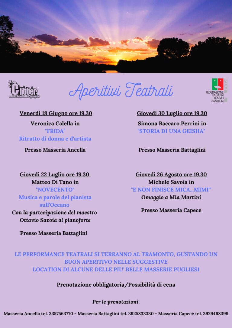 Presentata la rassegna estiva di Glitter ‘Aperitivi teatrali’ Presentata la rassegna estiva di Glitter 'Aperitivi teatrali' - Osservatorio Fasano