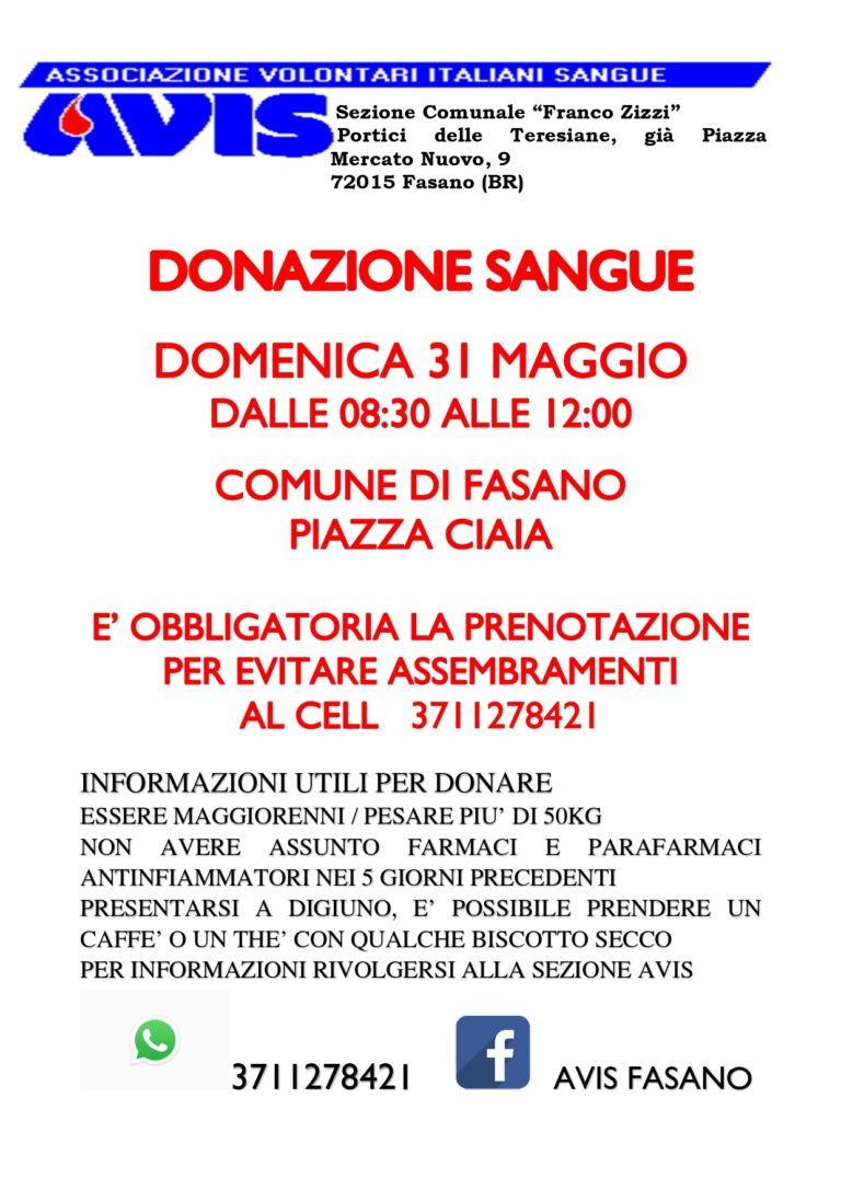 Domenica 31 giornata di donazione Avis a Fasano Domenica 31 giornata di donazione Avis a Fasano - Osservatorio Fasano