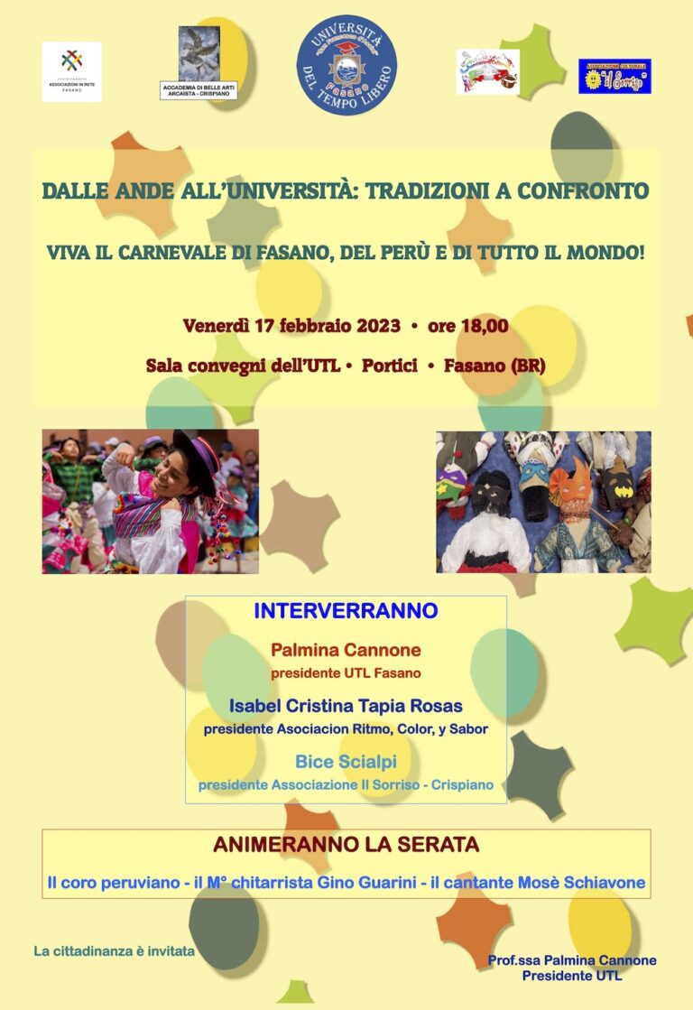 All’Università “Puglia , Perù e Argentina: tradizioni di Carnevale a confronto” - Osservatorio Fasano
