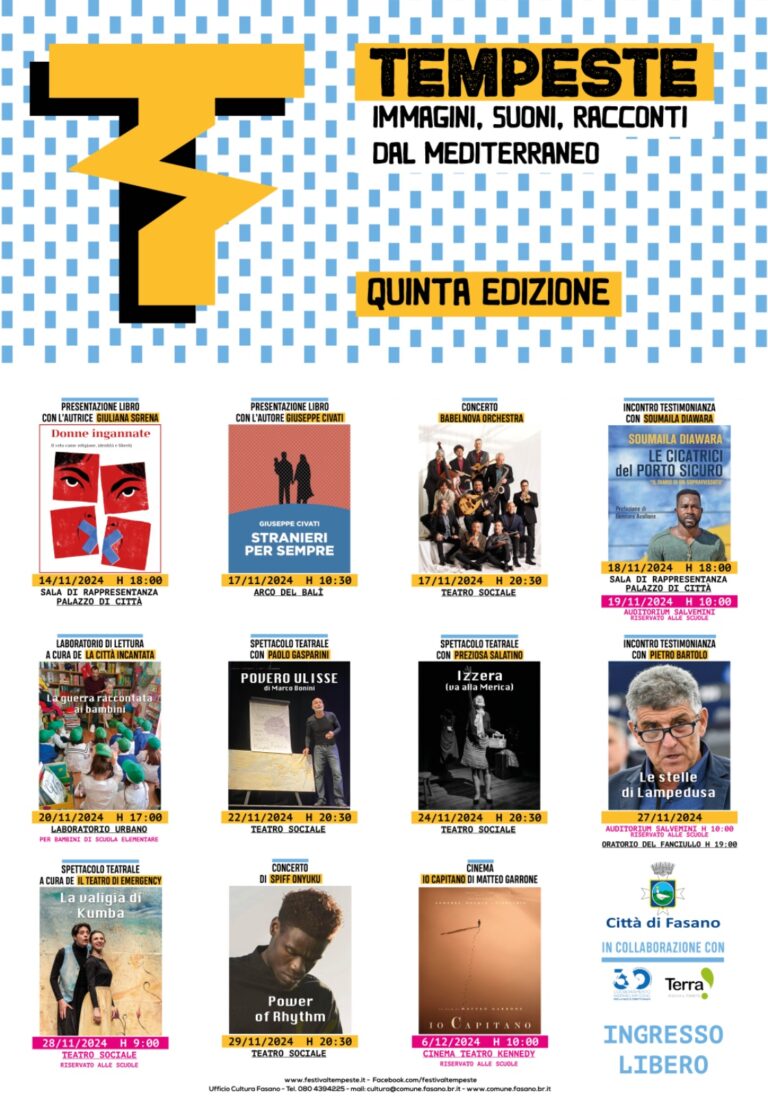 Presentato il cartellone della 5ª edizione Festival Tempeste – Immagini, suoni, racconti dal Mediterraneo Presentato il cartellone della 5ª edizione Festival Tempeste – Immagini, suoni, racconti dal Mediterraneo - Osservatorio Fasano