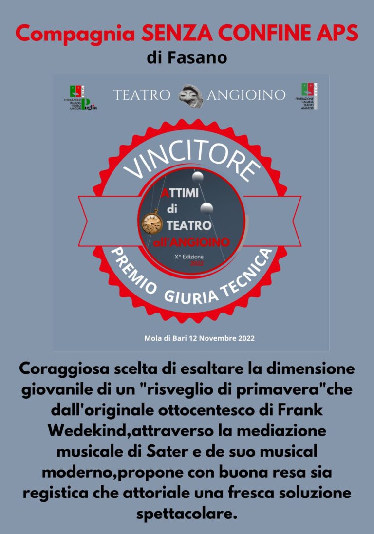 Senzaconfine vince al concorso ‘Attimi di Teatro all’Angioino’ Senzaconfine vince al concorso 'Attimi di Teatro all'Angioino' - Osservatorio Fasano