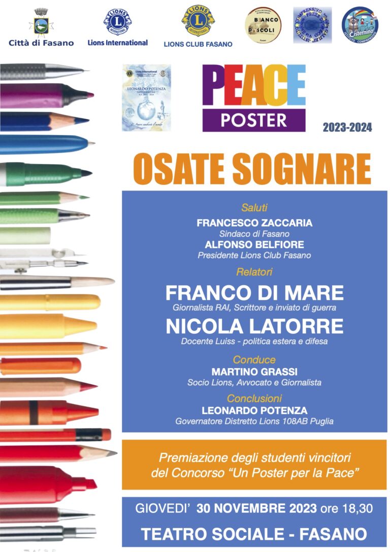 Lions Club Fasano: Franco Di Mare al premiazione del concorso internazionale “Un poster per la pace” Lions Club Fasano: Franco Di Mare al premiazione del concorso internazionale “Un poster per la pace” - Osservatorio Fasano
